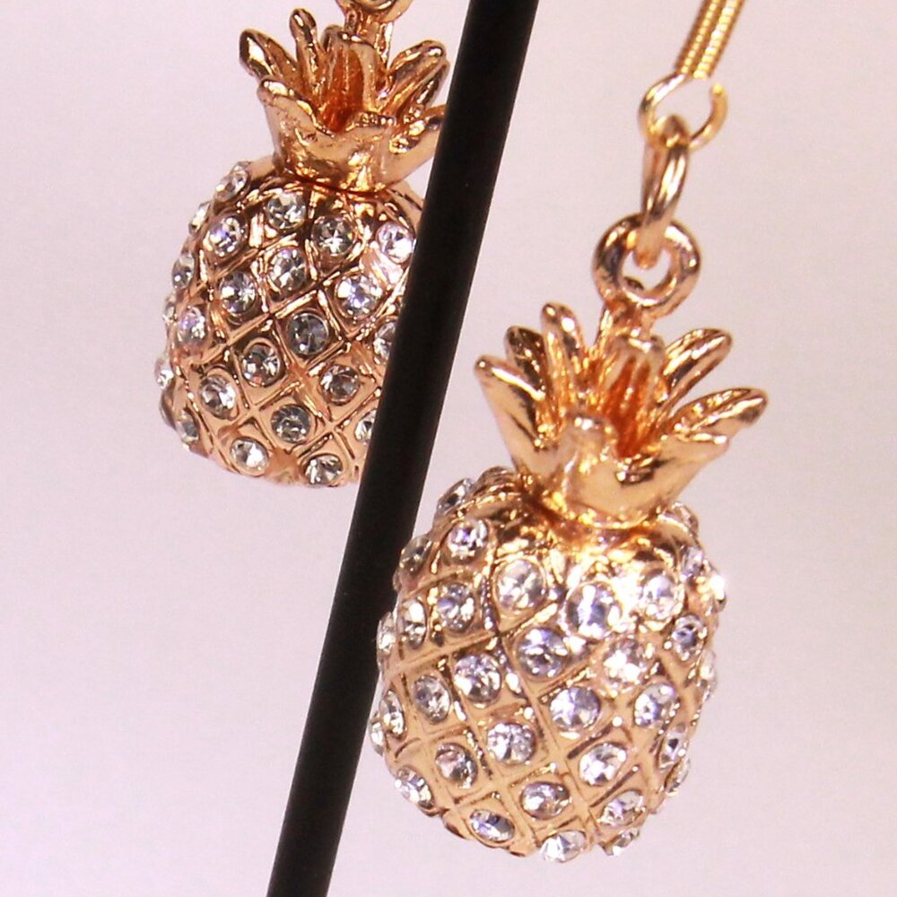 NWOT Gold Pineapple and Rhinestones Drop Earrings - Picture 3 of 8